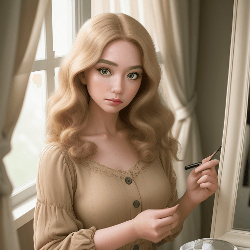 AI generated: A ungly woman with curte hair, wearing beige and applying makeup in front of the mirror at home, pho...