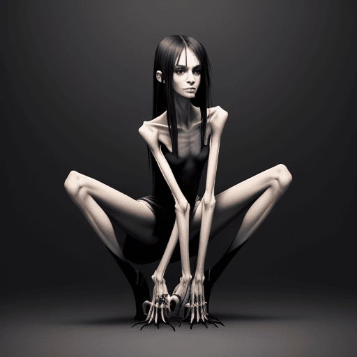AI generated: very skinny slender girl, with long curved claws, with skinny legs and long skinny calves in high he...