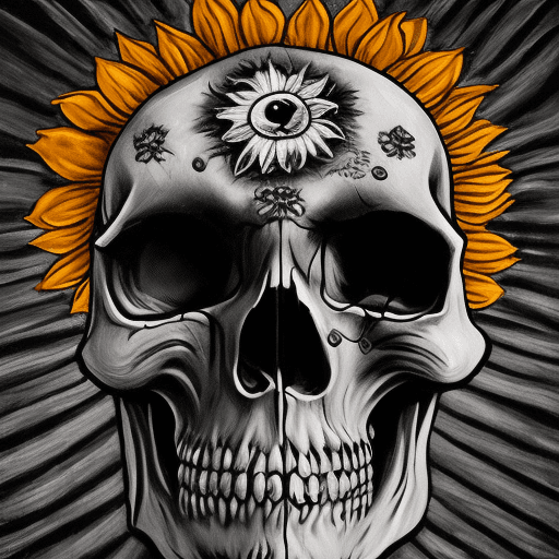 AI generated: A skull with tousands flowers in eyes, looking the sun in the black sky