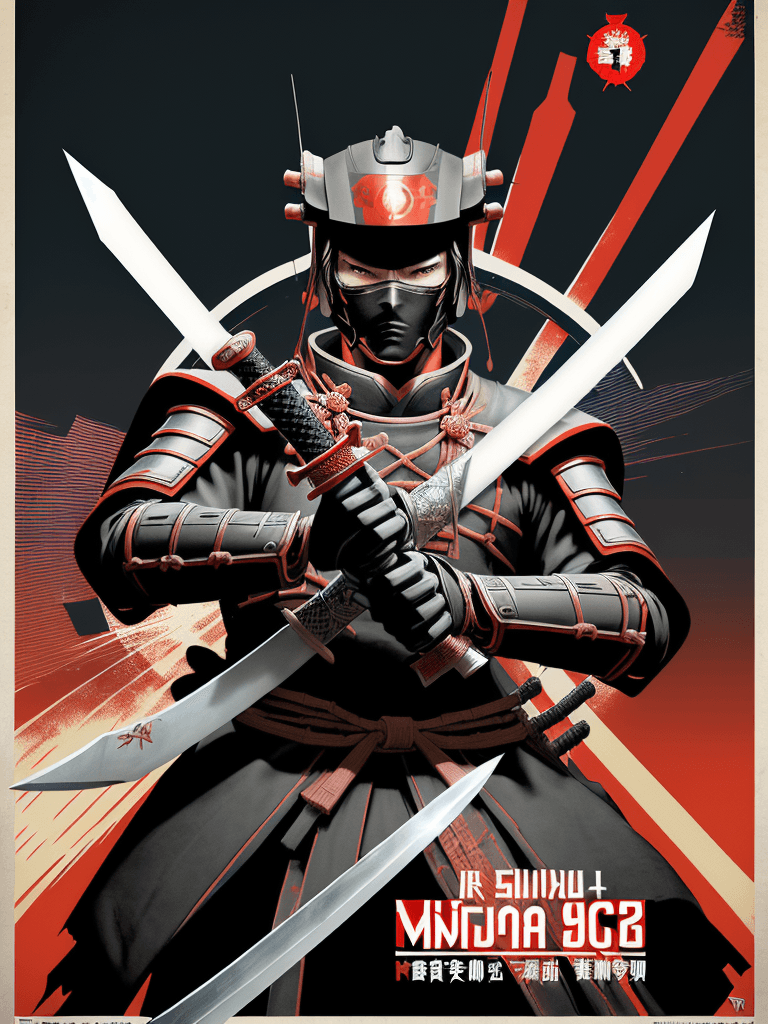 AI generated: young man in a futuristic samurai suit, style Soviet poster, USSR poster, sword and shuriken in the ...