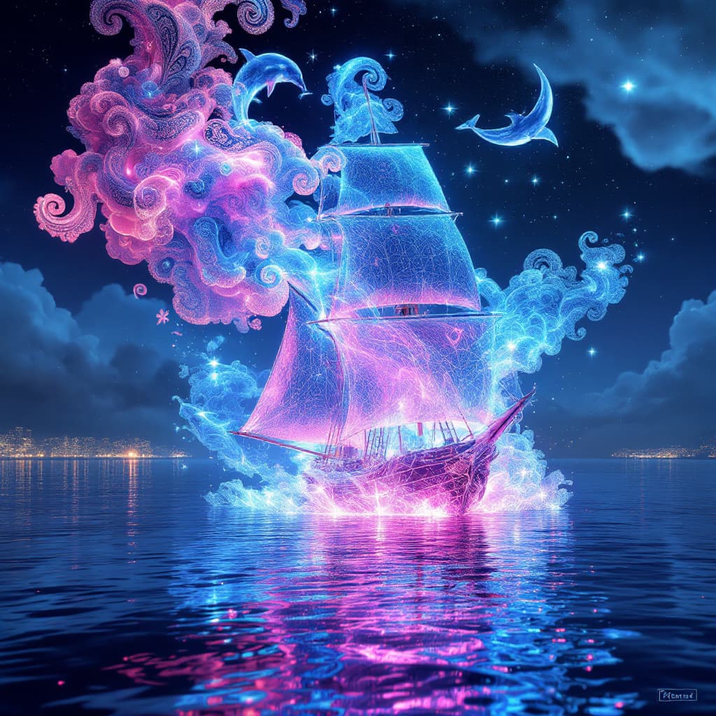 AI generated: Harbor holograms encapsulate magical realism with a beautiful ship, its sails tinged pink, manifesti...