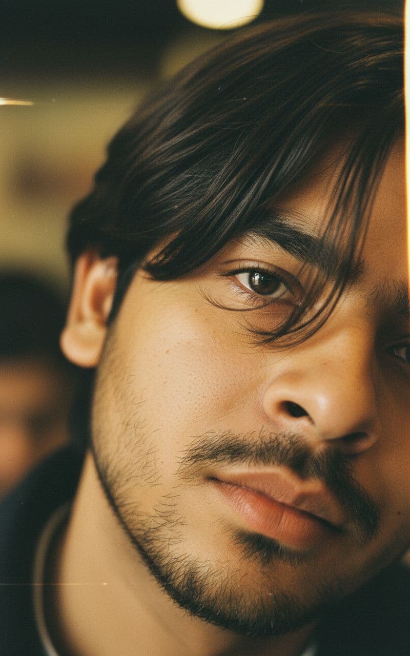 AI generated: A raw close-up portrait of a young man, use my uploaded photo as face and hair reference. The framin...