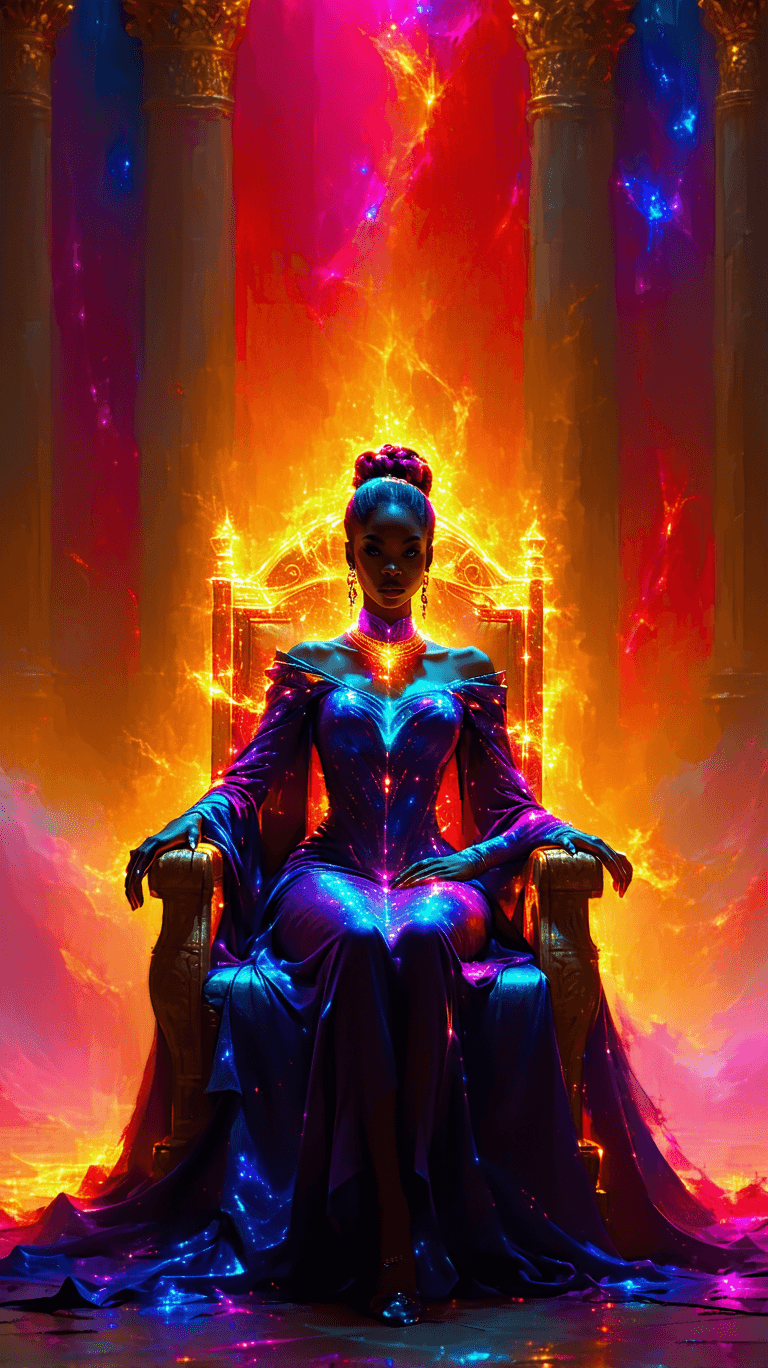AI generated: A regal court orchestrator, wearing a gown of changing colors that reacts to the emotions of those a...