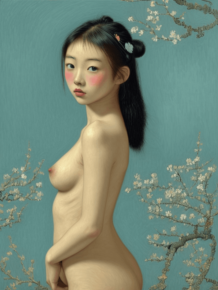 AI generated: an asian girl,simulate vincent van gogh style,NSFW