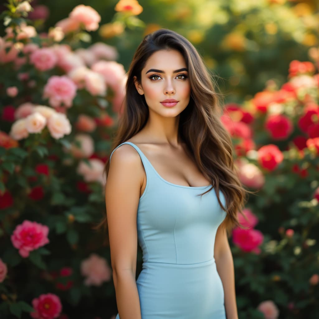 AI generated: A woman with long brunette hair is the central figure. She is wearing a light blue, form fitting dre...