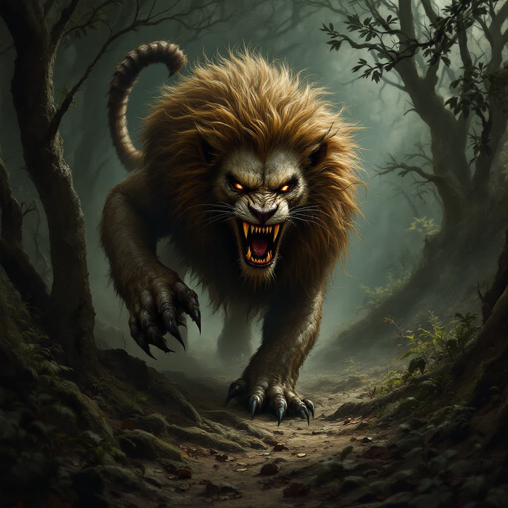 AI generated: Manticore
“A menacing manticore stalking prey through a dark forest, lion body, human-like face with...