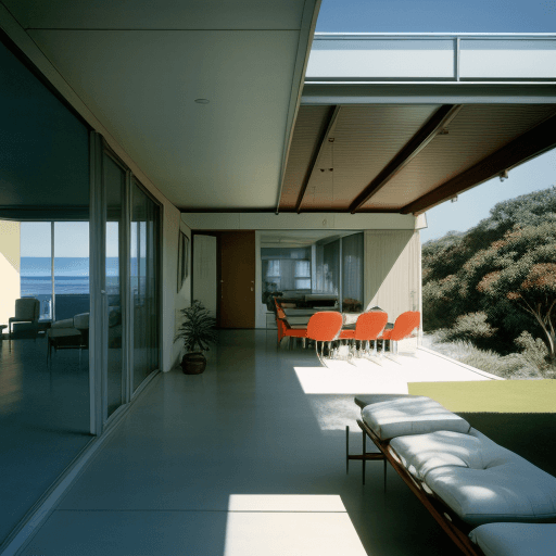 AI generated: Hyper realistic eye level exterior photo of a mid century modern style house overlooking the ocean, ...
