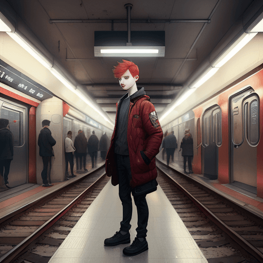 AI generated: a boy with red hair standing in a subway station, a detailed painting by WLOP, featured on cgsociety...