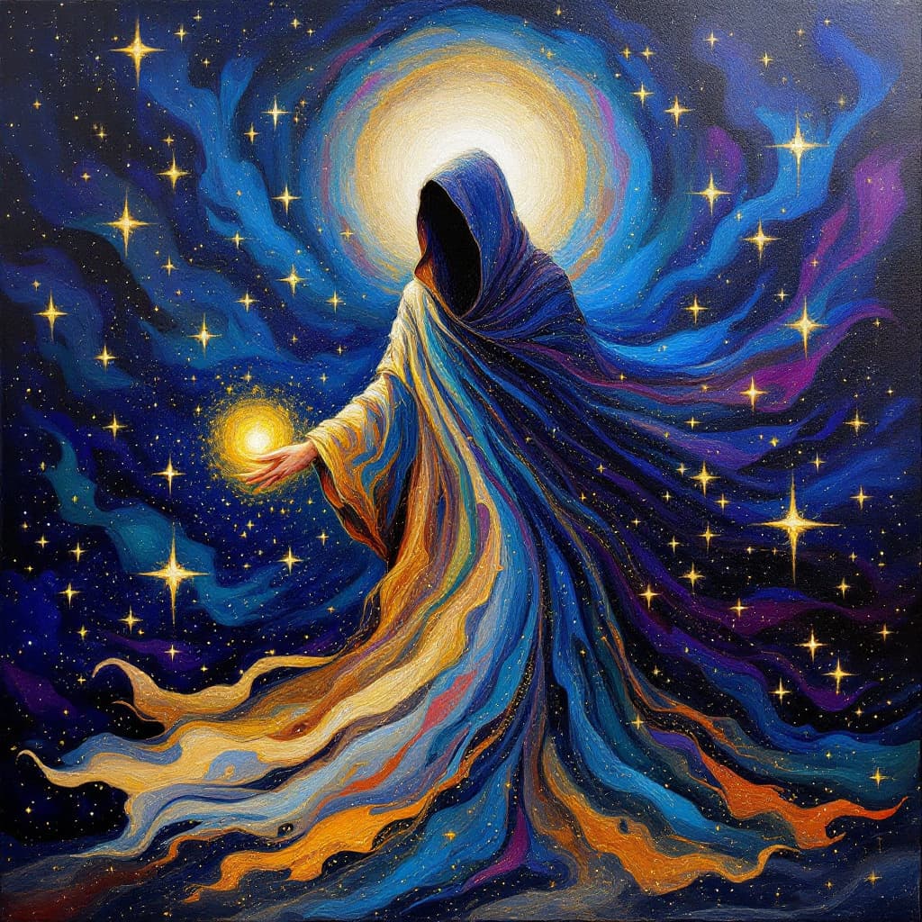 AI generated: A cloaked figure with a long, flowing cloak stands against a starry sky background. Swirling pattern...