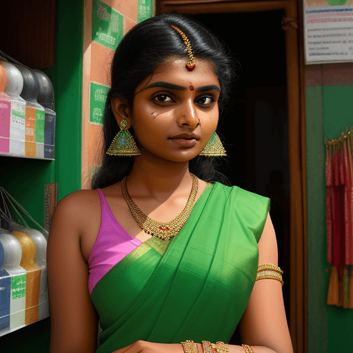 AI generated: a beautiful indian girl, age 25, background kerala lottery shop, girl with earring and bracelets, we...