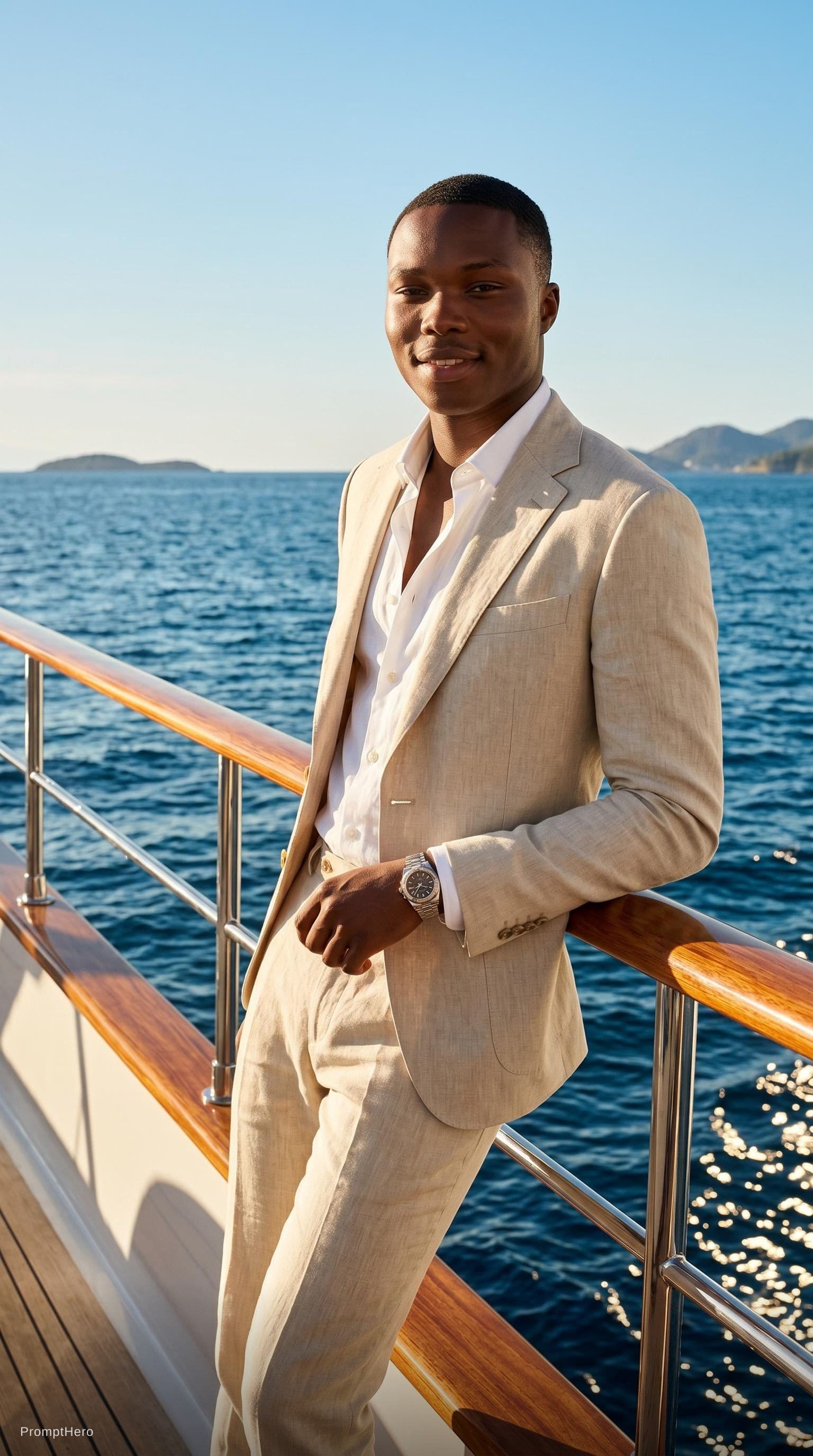 AI generated: Create a high-end fashion image of a male model wearing a tailored summer suit with an open shirt. P...