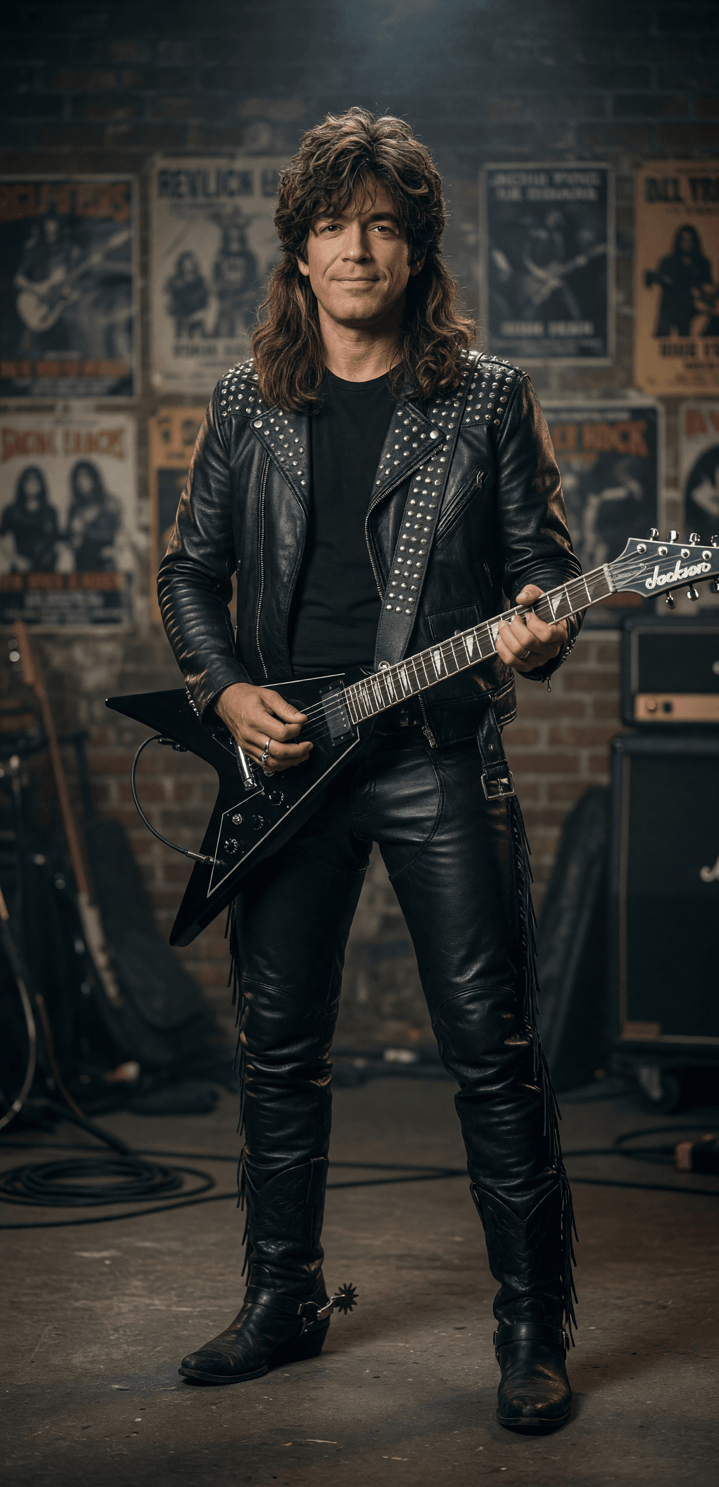 AI generated: A photo of a 1980's Hard Rock guitar player dressed in all black leather pants with chaps, black lea...