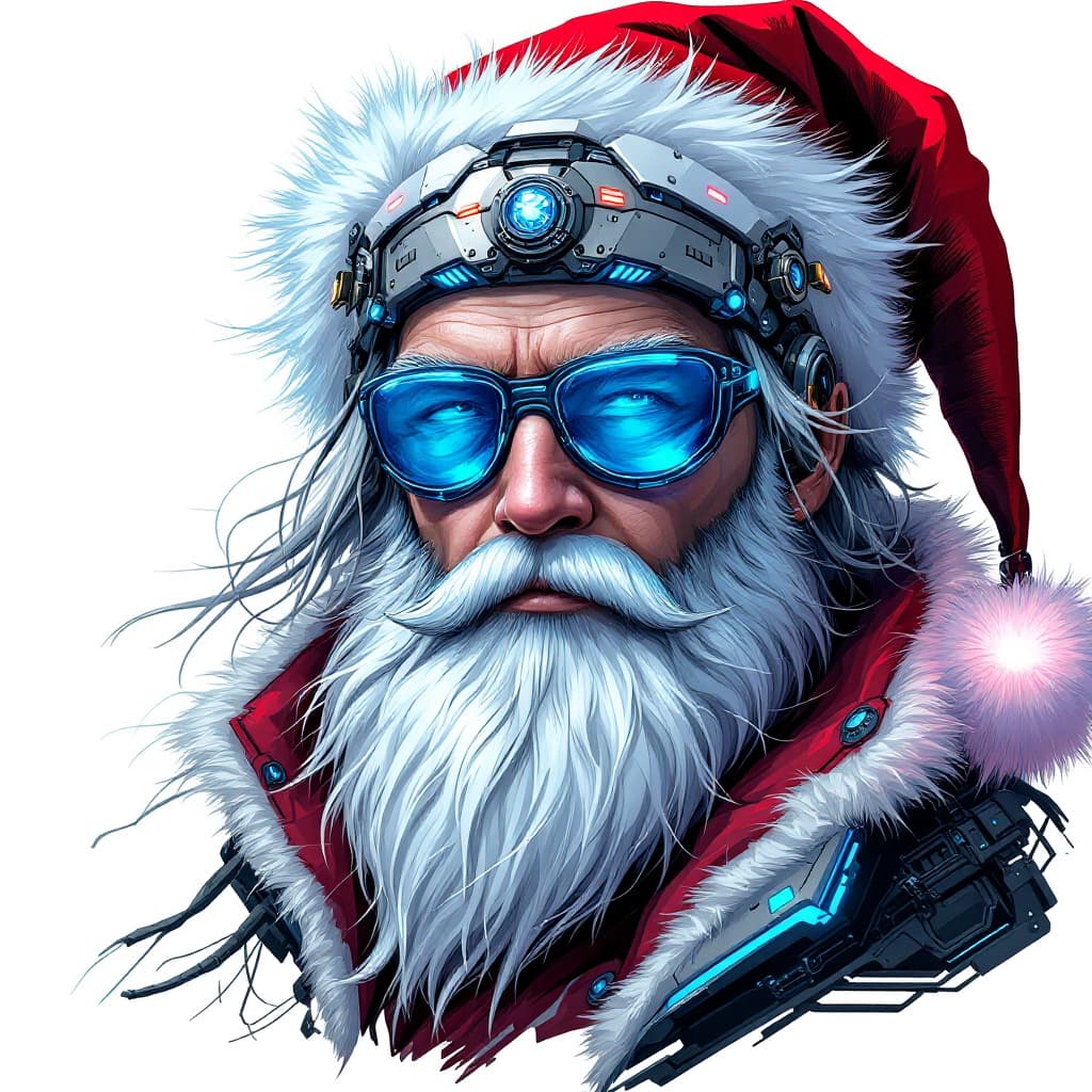 AI generated: Cyberpunk Santa Claus portrait.  Mature,  human-like figure with a long, white, full beard and mediu...