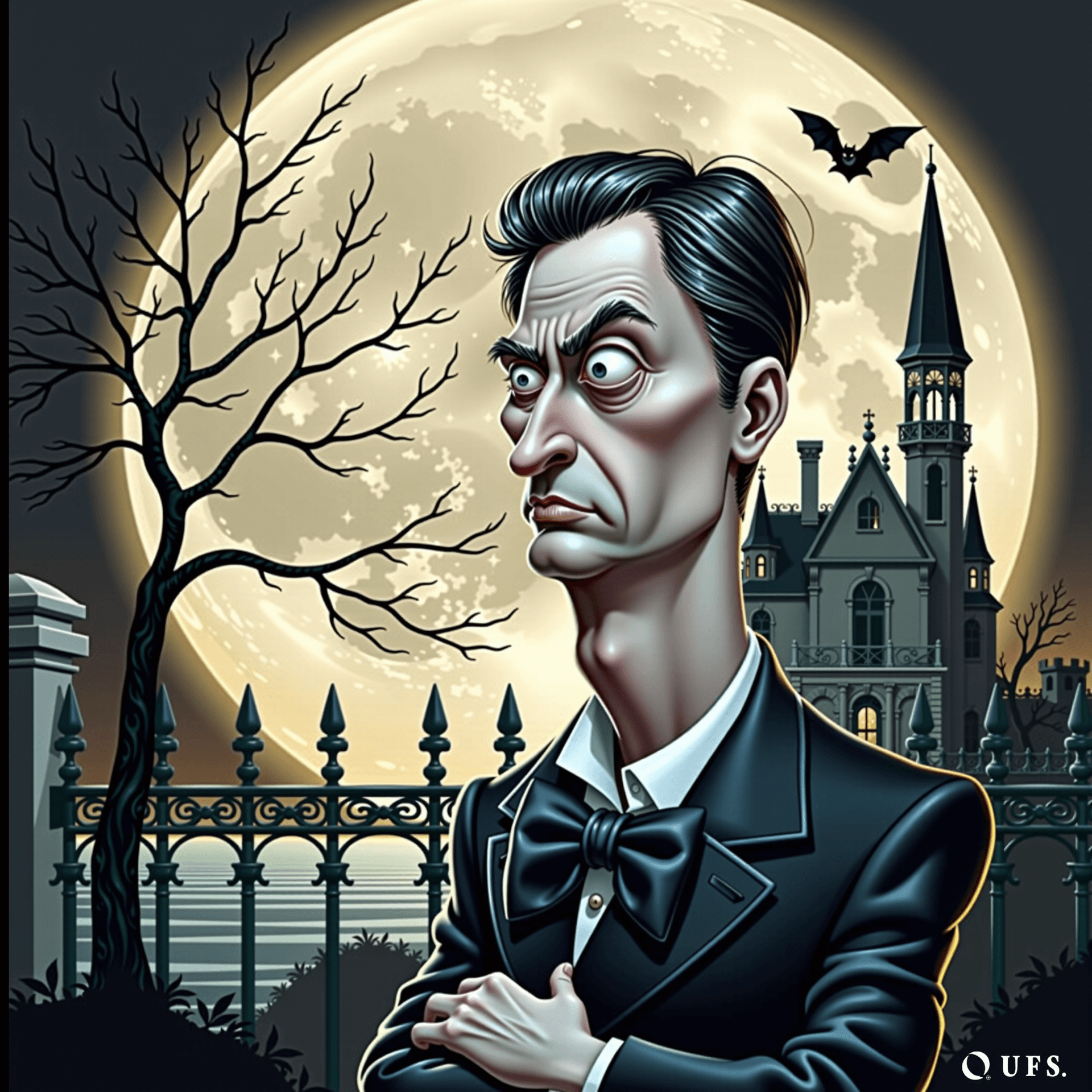 AI generated: A moody, atmospheric portrait of a stern, aristocratic gentleman with caricatured, elongated facial ...
