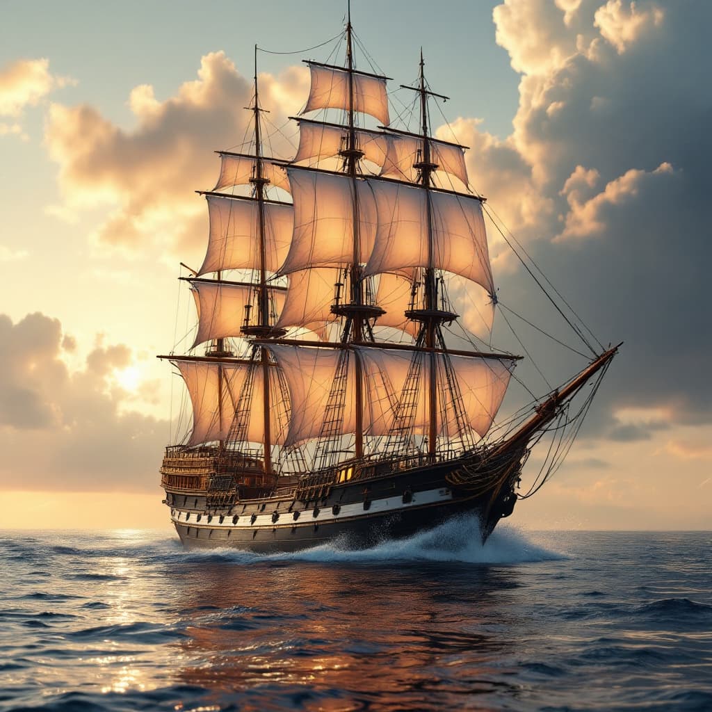 AI generated: Photo of a ultra realistic sailing ship, dramatic light, pale sunrise, cinematic lighting, battered,...