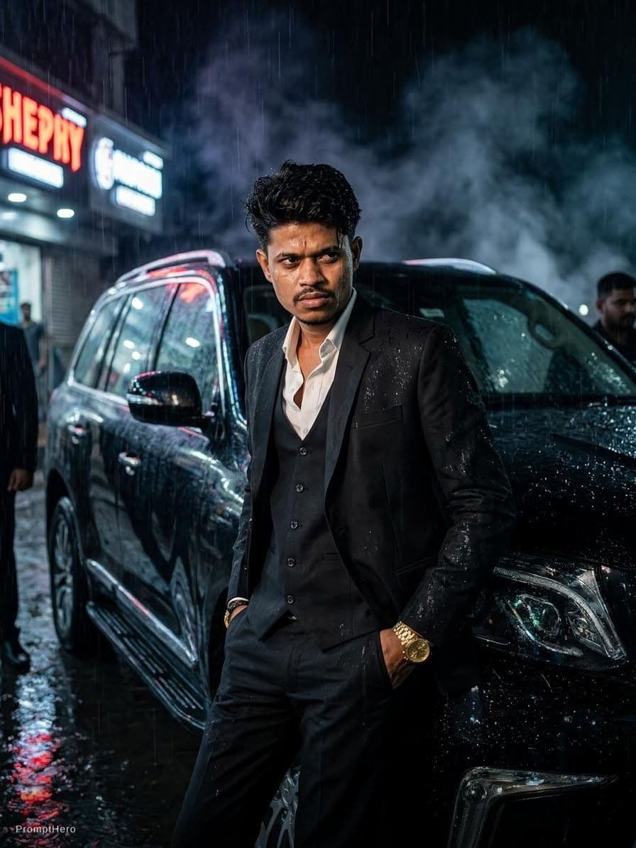 AI generated: “Ultra realistic urban mafia boss standing in rainy night city, cinematic lighting, dark smoke atmos...