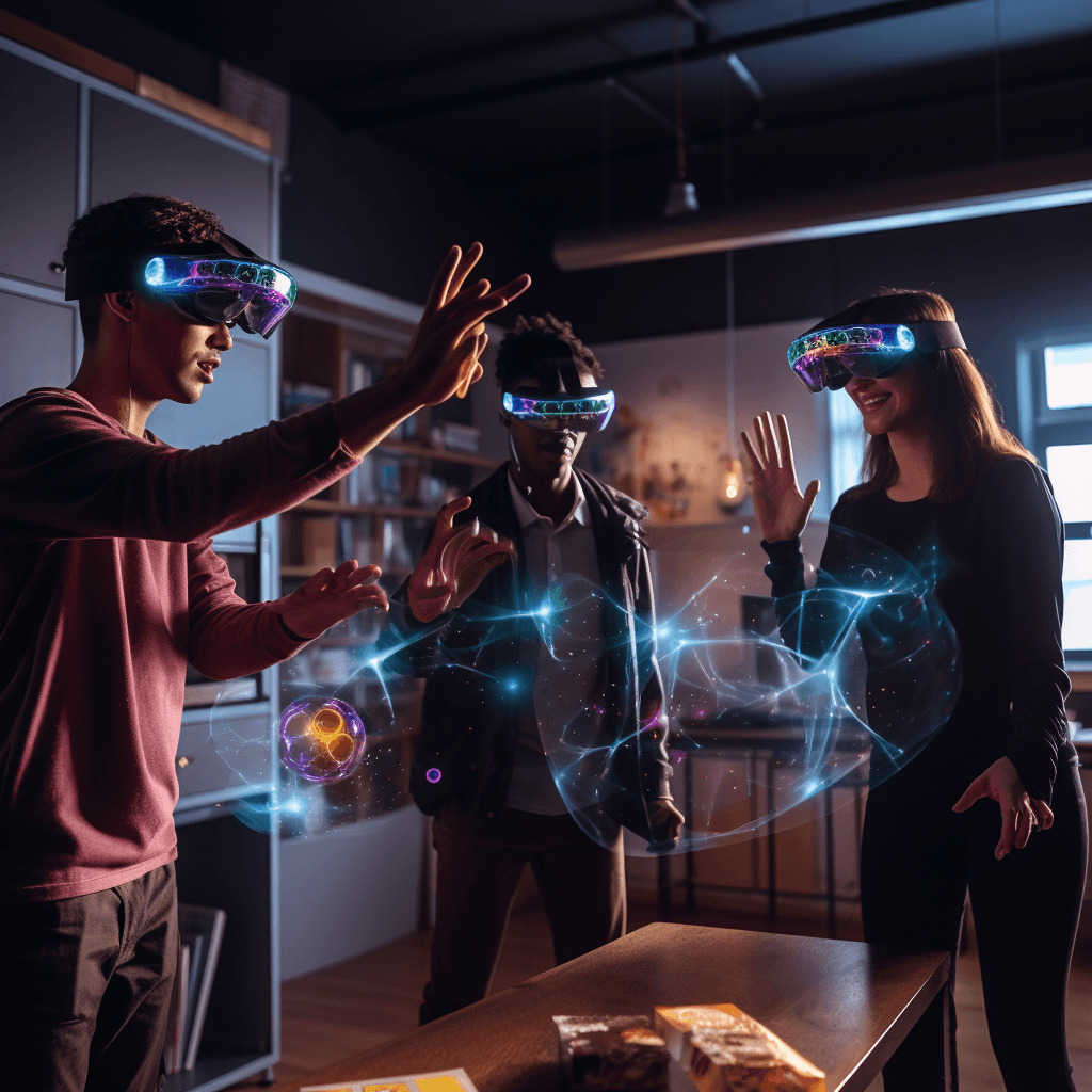 AI generated: three students interact with hololens in a chemistry lab, taken on Canon EOS R3, 50mm