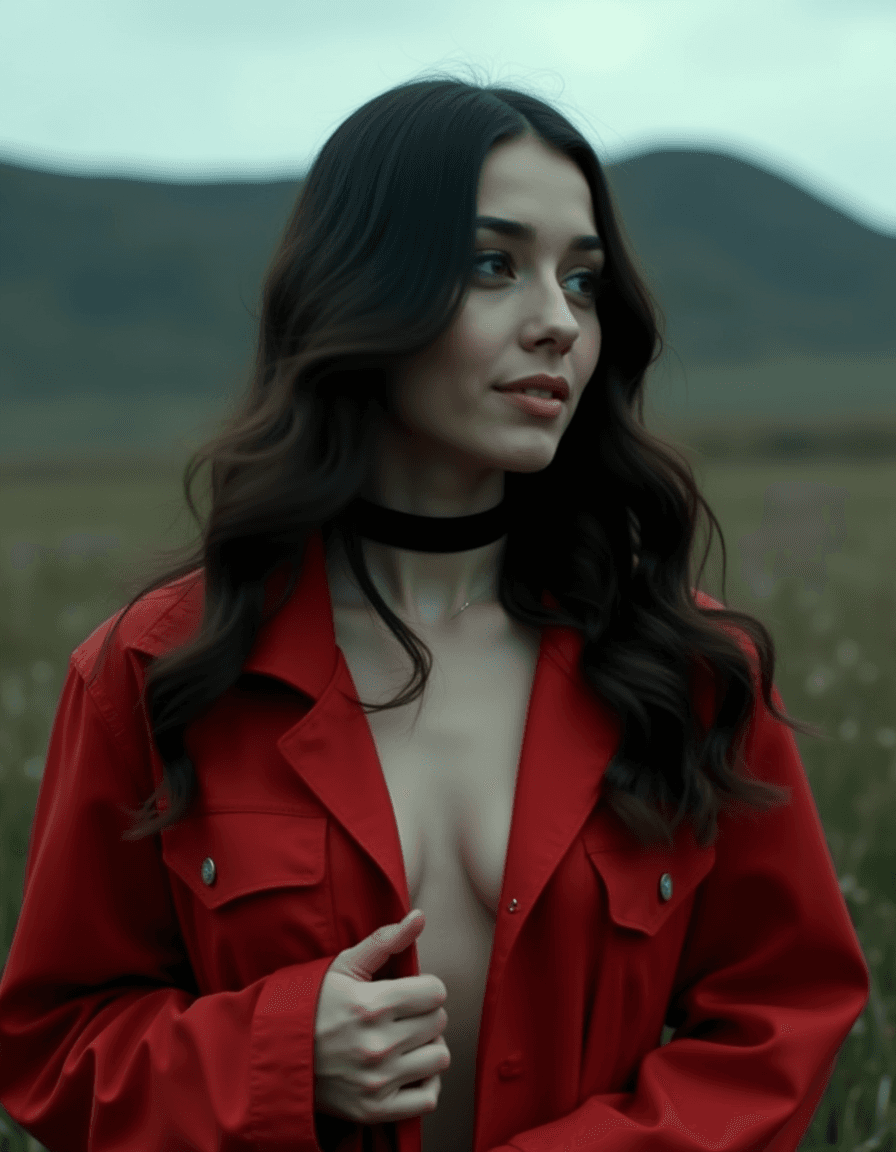 AI generated: A young woman with long dark hair styled in loose waves, wearing a red raincoat and black choker, st...