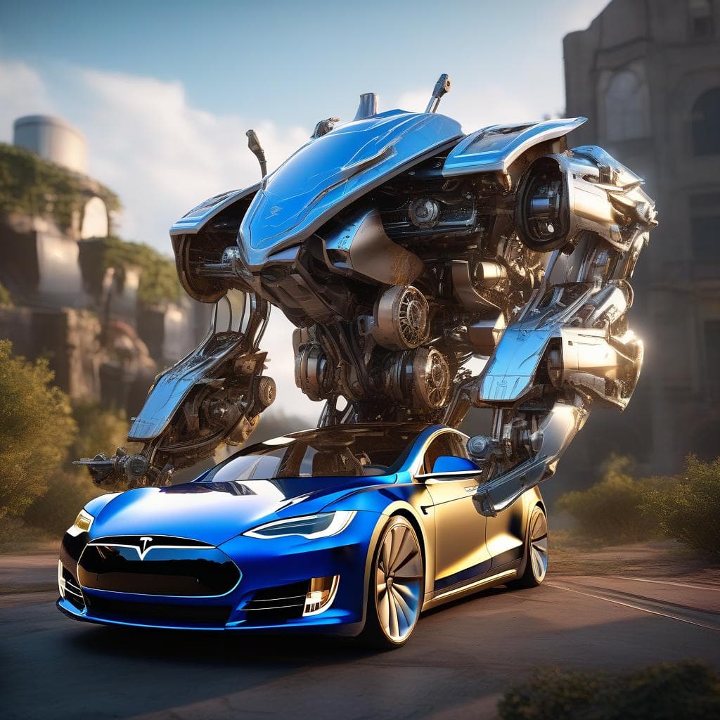 AI generated: A Tesla car hybrid Transformers, glass, pistons and gears made of glossy aluminium and steel, detail...