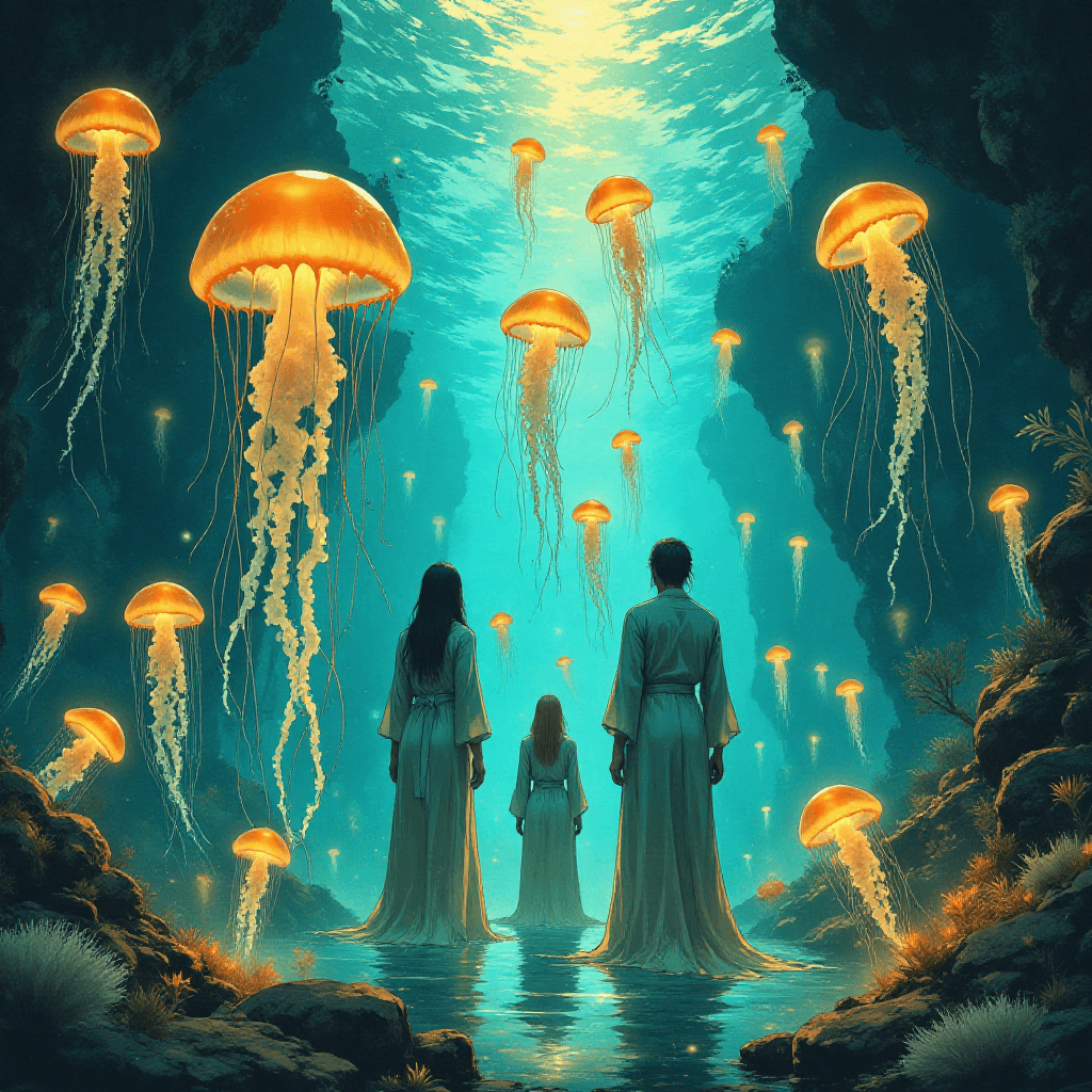AI generated: Underwater cathedral of translucent jellyfish::1.4  
pillars of bioluminescent tendrils::1.3  
swi...