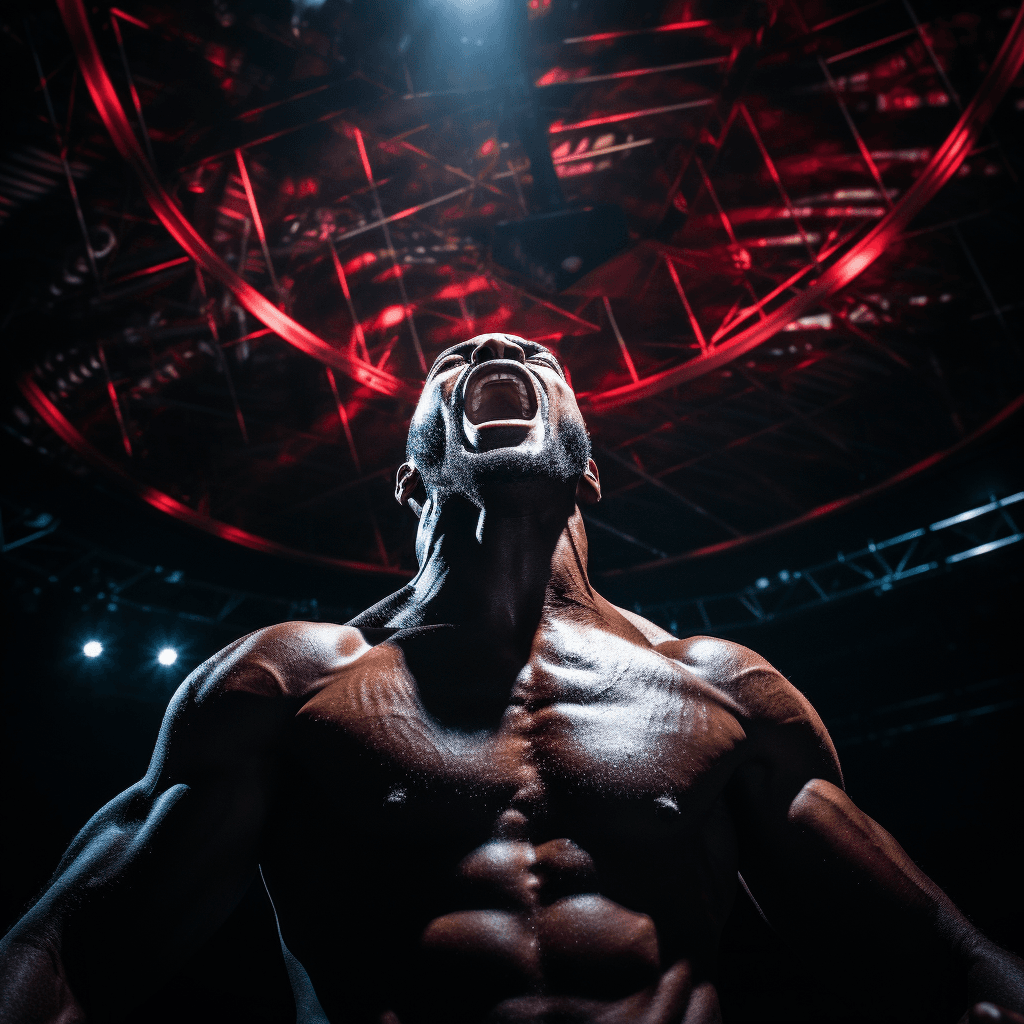 AI generated: UFC fighter, standing in the octagon, bottom view, screaming with joy of victory, sweaty, expression...