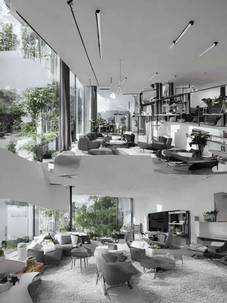 AI generated: 8 meters long and 1.6 meters wide balcony, floor-to-ceiling windows, three-tier flower shelves, loun...