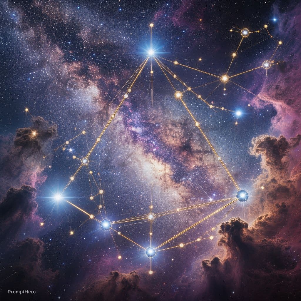 AI generated: Deep space astrophotography, Cygnus, Lyra and Aquila constellations with golden constellation lines ...