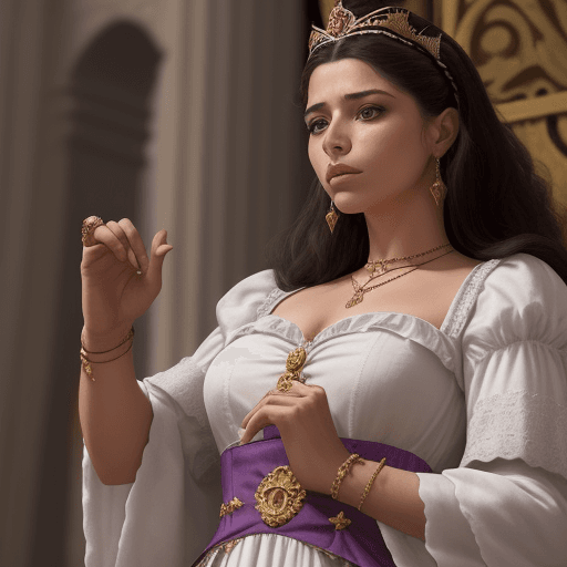 AI generated: 
una reina quien a su izquierda tiene un principe rubio con unas vestiduras e lino fino y a su derec...