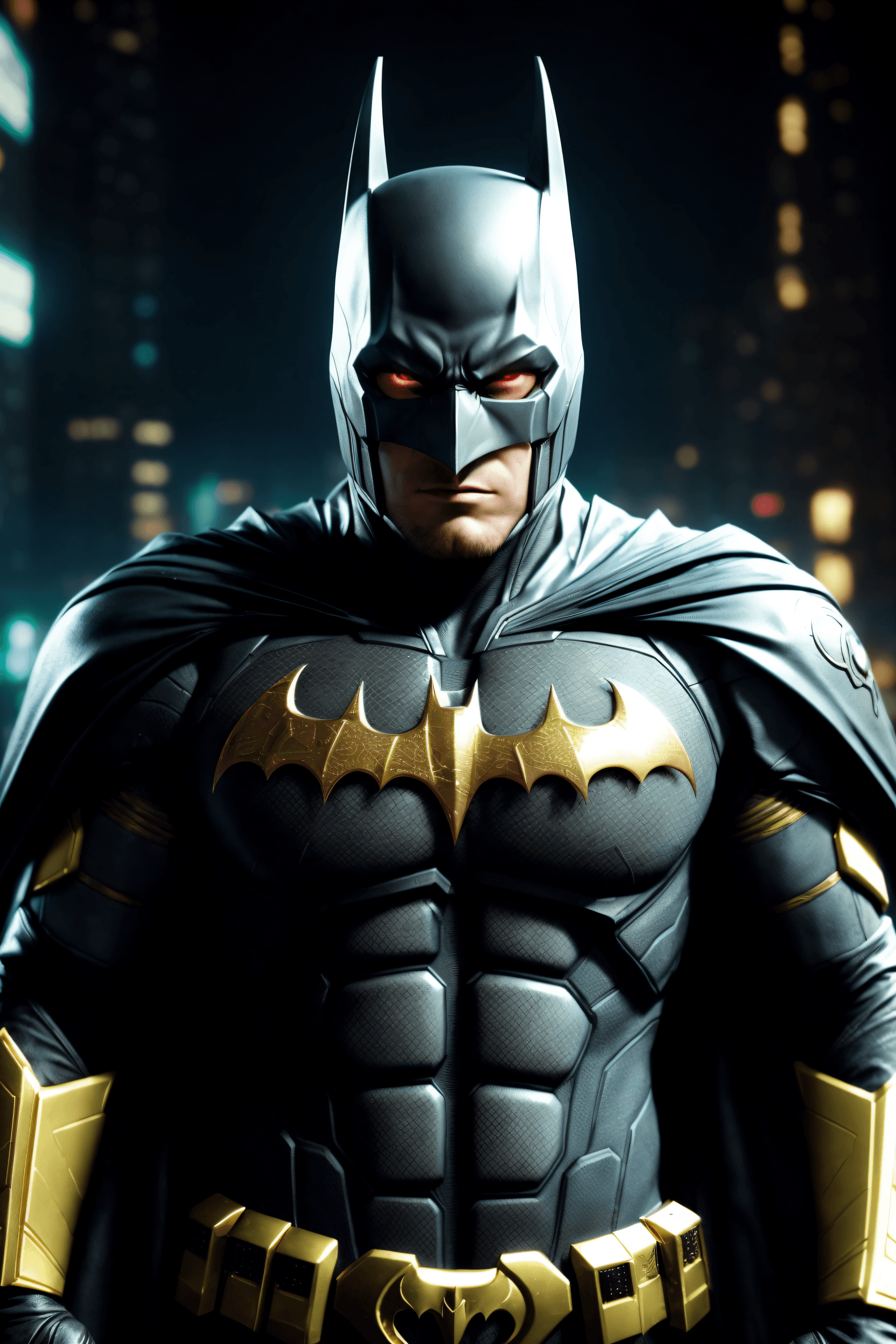 AI generated: ((octane render of fantasy cyberpunk batman)), in the style of Tsutomu Nihei, muscular, close up, po...