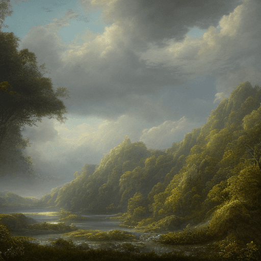 AI generated: an endless mountain range on the background, covered full with lush green forests and life, blue sky...