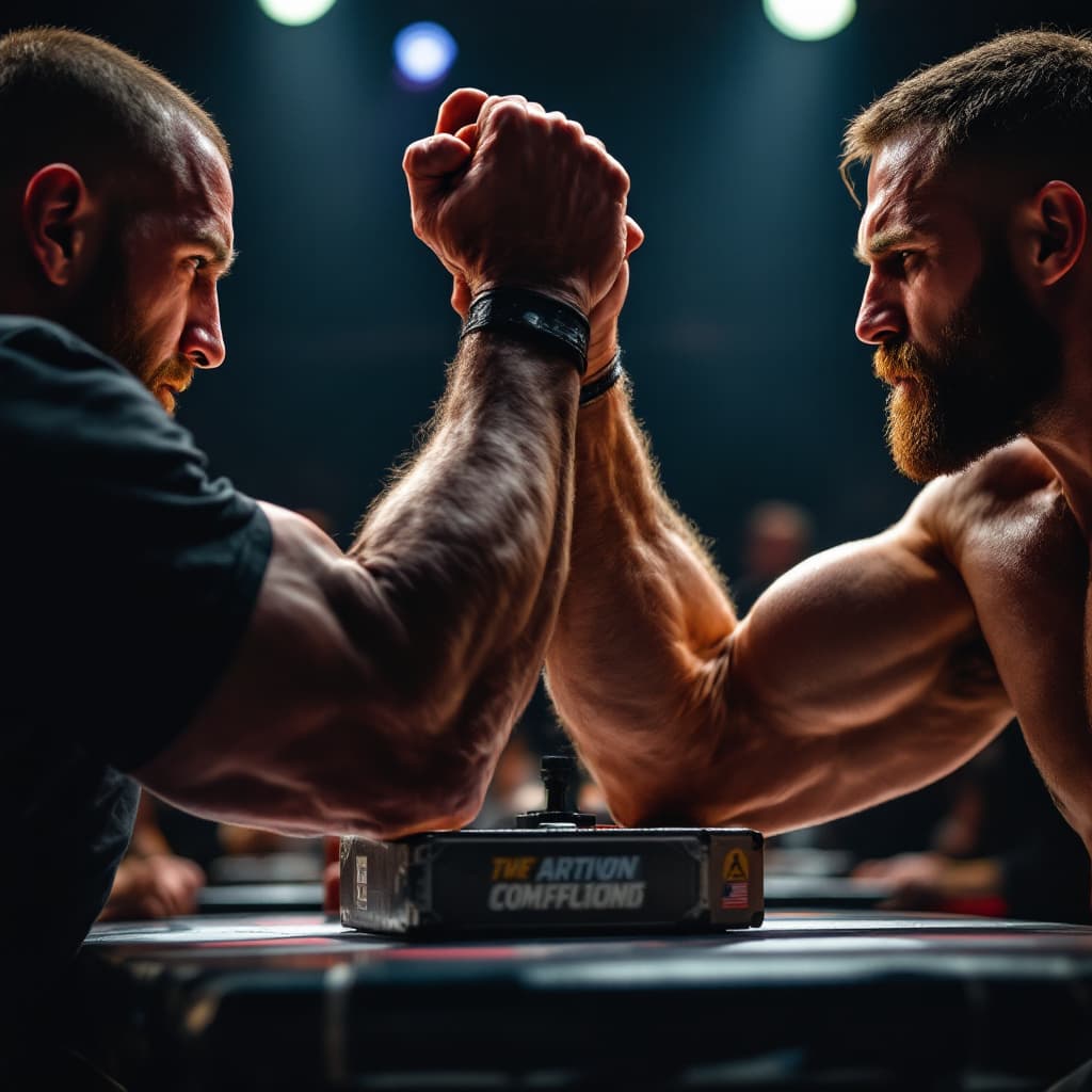 AI generated: powerful arms of armwrestlers during the fight at the professional armwrestling table, you can clear...