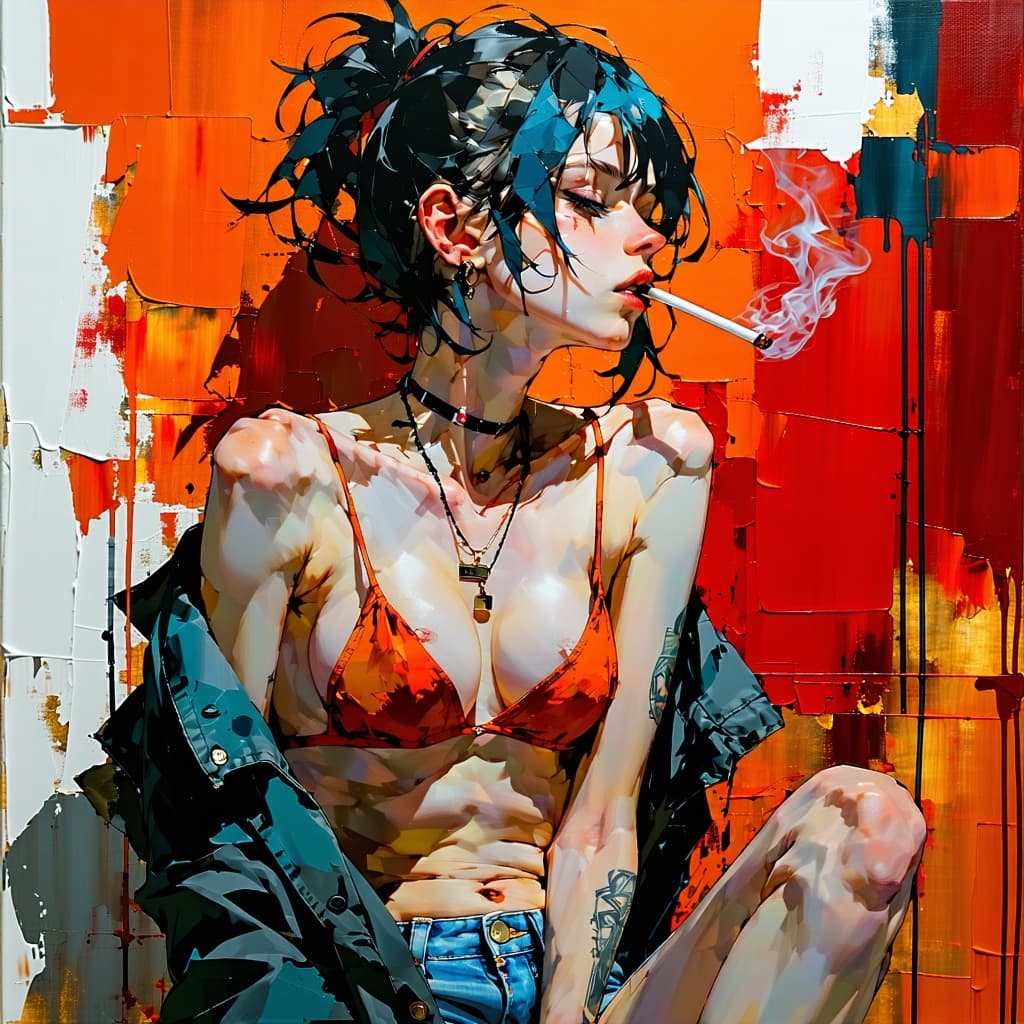 AI generated: Character design by Kaethe Butcher,backdrop by Greg Tocchini,25-year-old female wearing bralette,den...
