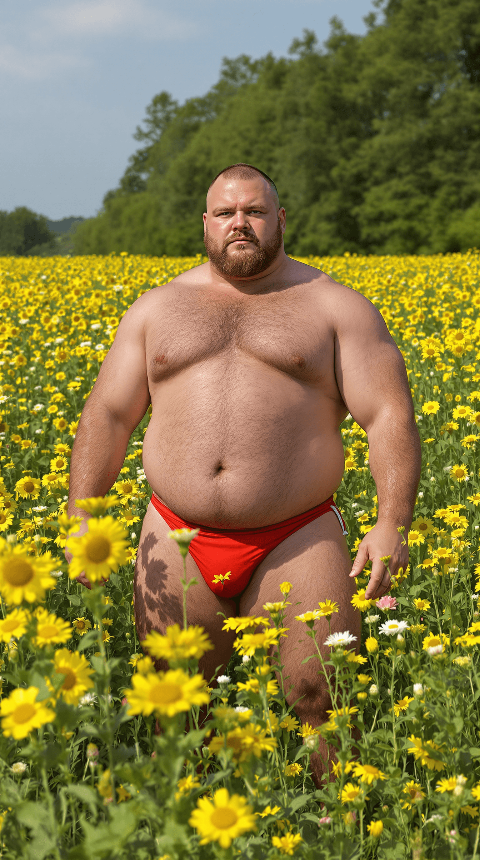 AI generated: a whole body picture of a Big massiv chubby German bodybuilder, standing in a sun flower field, wear...