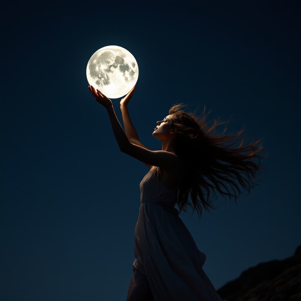 AI generated: low angle photograph of a woman, standing on top of a small mountain, hands in the air holding up th...