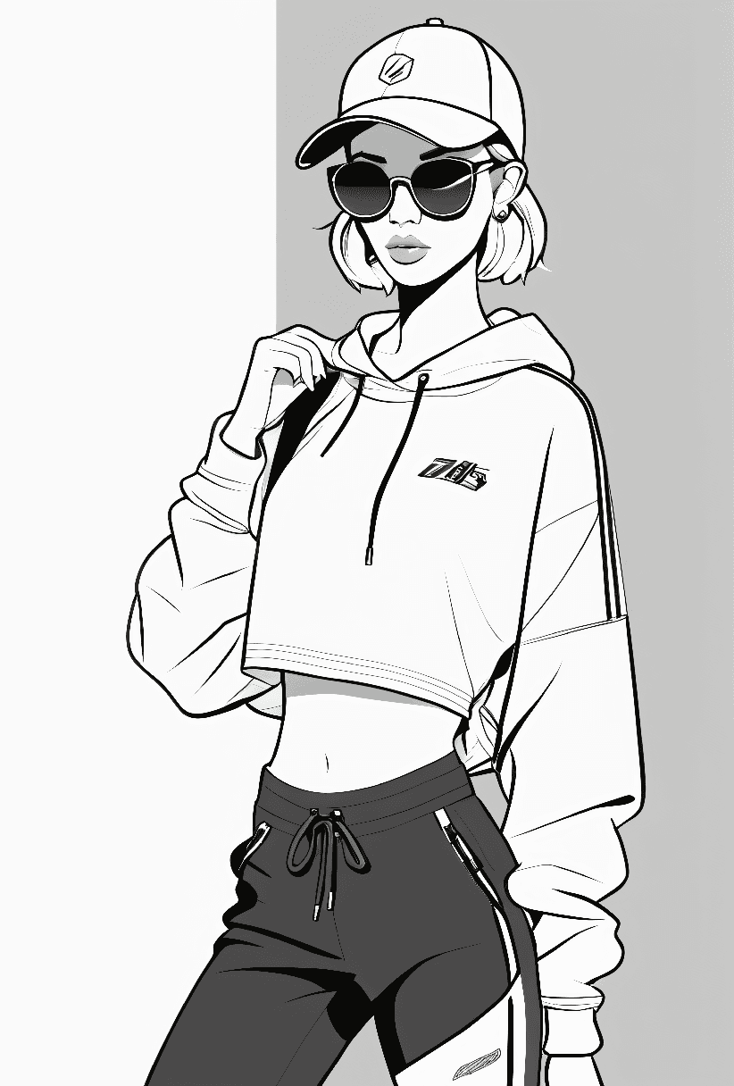 AI generated: line art drawing beautiful young, thin, fit, short messy hair, intrincate details, baggy pants, t-sh...