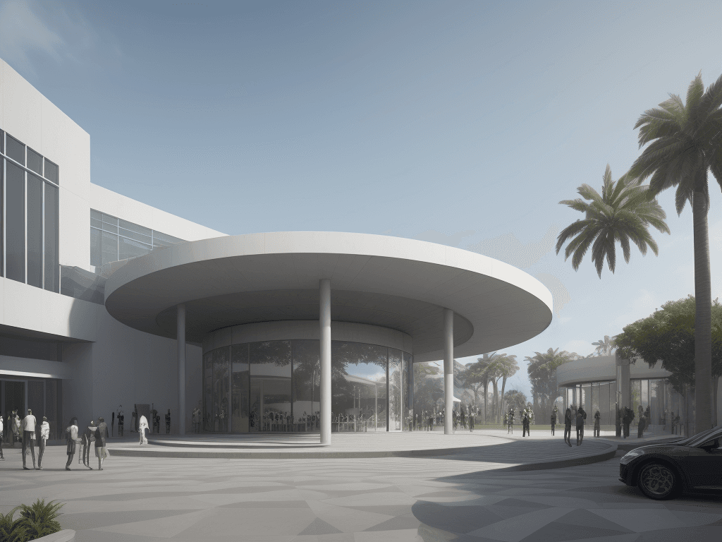AI generated: Exterior facade with a modern style of a single-story art gallery or pavilion, situated on a 60-mete...