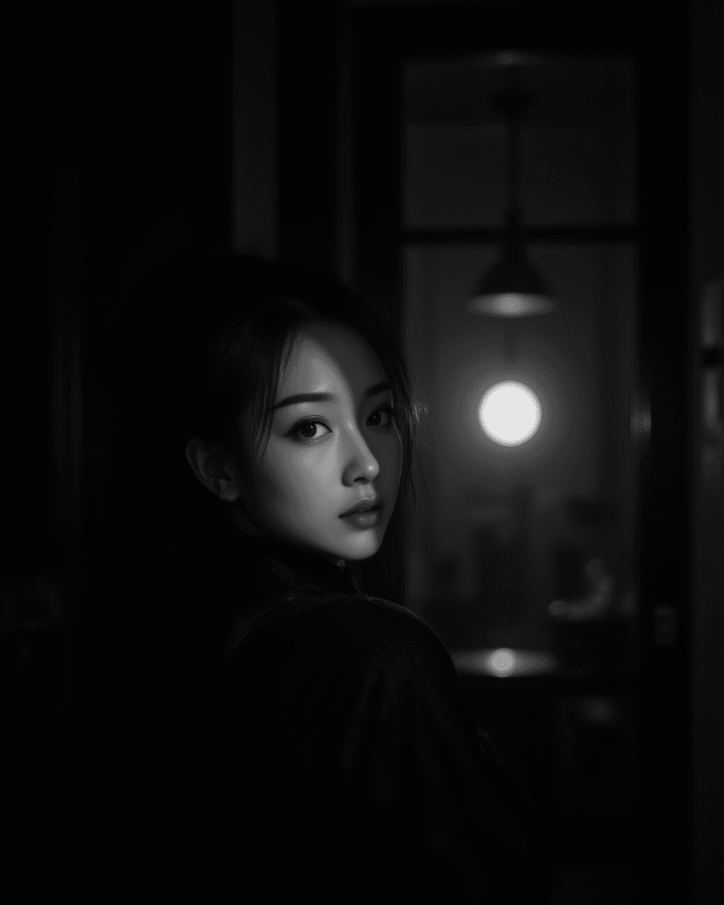 AI generated: Image Aesthetics: Style: A dramatic, minimalist, and deeply atmospheric low-key portrait. Color: Hig...