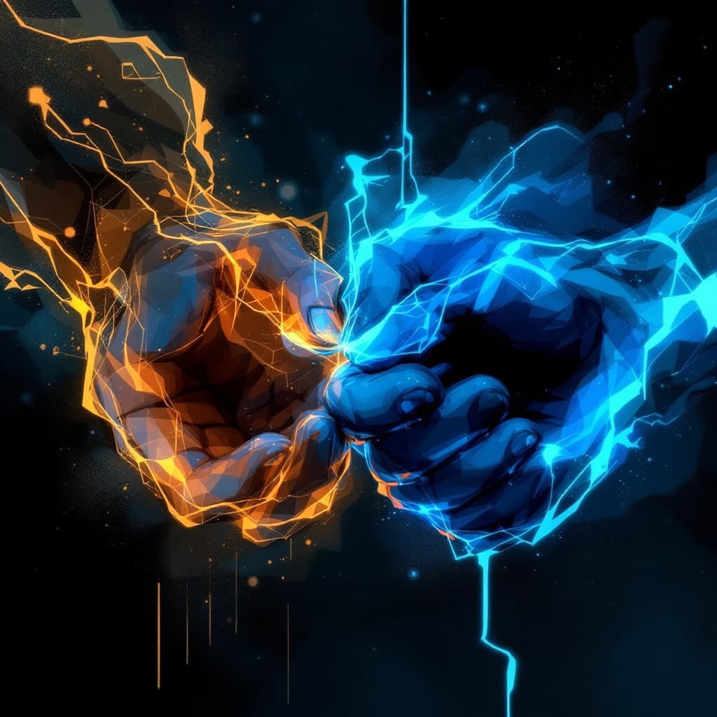AI generated: 2 blue hands, anime, cyberpunk, style on black bacground,