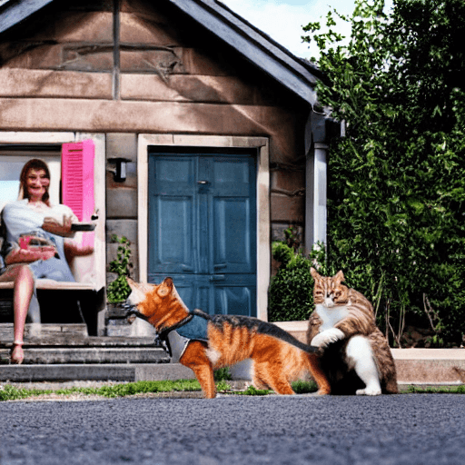 AI generated: house with person in the front with a dog and a cat next them