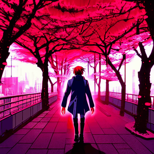 AI generated: anime key visual of cyberpunk man in red cloak walking in Cyberpunk Tokyo City, from the anime Chain...