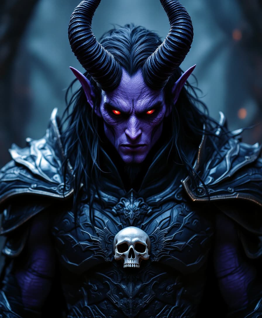 AI generated: a male purplish-skinned demon, fierce horns emanating from his head, piercing red eyes, long raven-b...