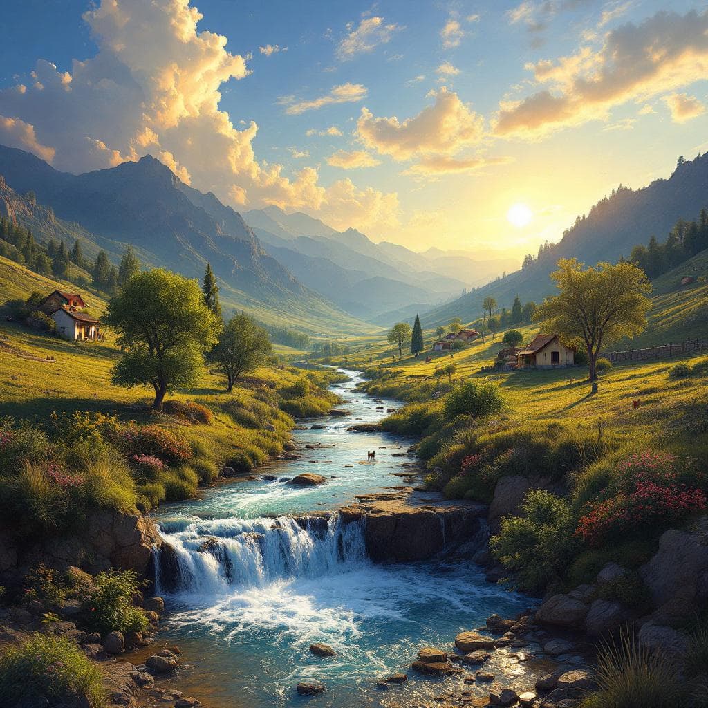 AI generated: paisaje rustico la sierra, rio con puente, casas, sol radiante arcoiris, arboles pajaros animales