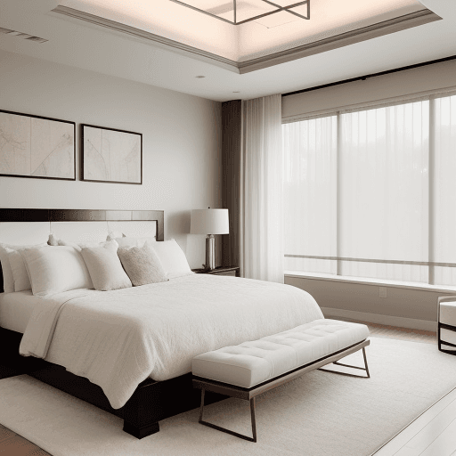AI generated: master bedroom with a luxurious and modern aesthetic. The room feature large floor-to-ceiling window...