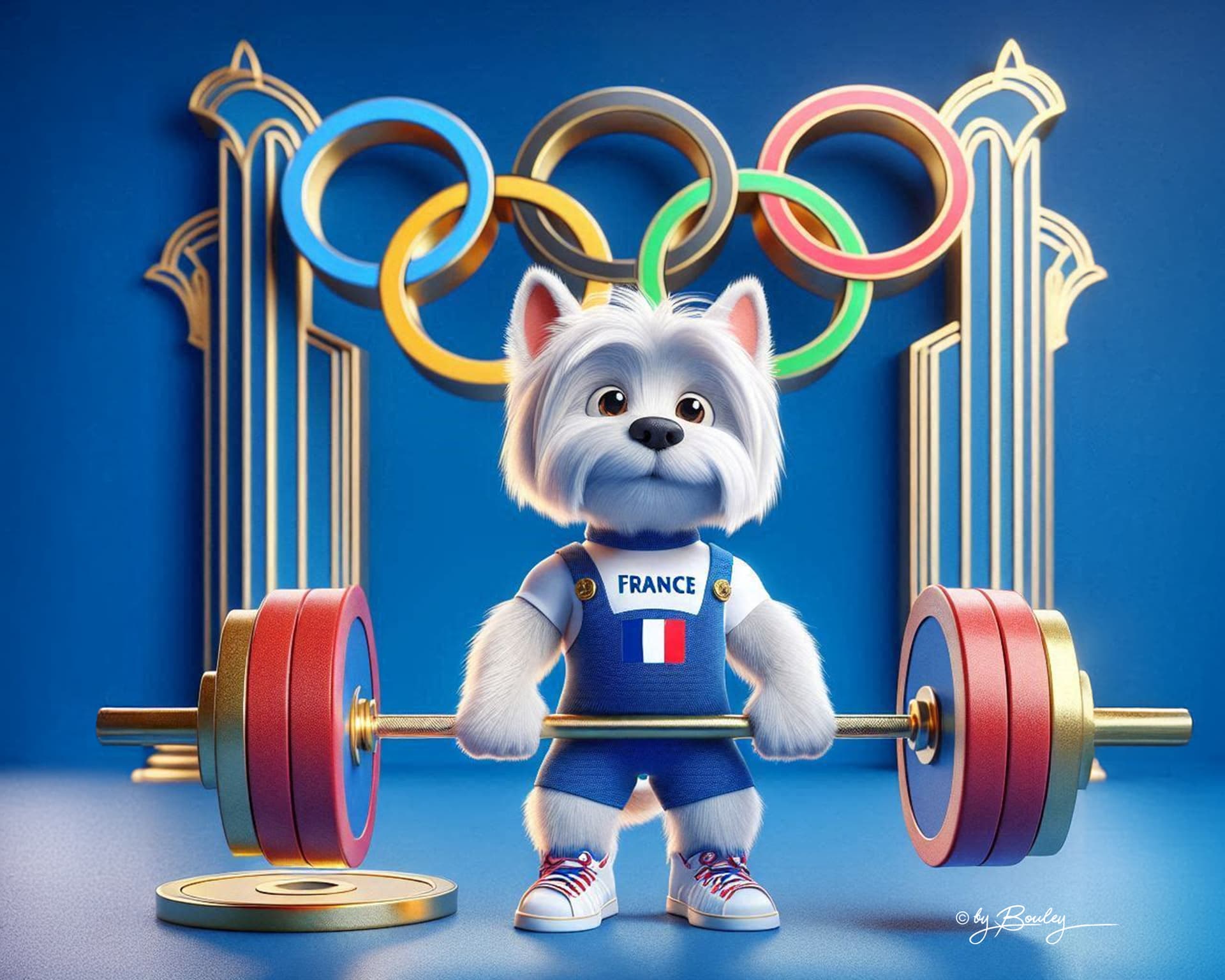 AI generated: an anthropomorphic Disney Pixar West Highland White Terrier doing Weightlifting wearing France Olymp...