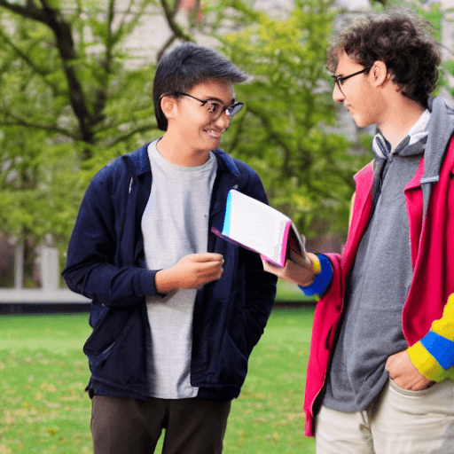 AI generated: college student speaking with middle-aged professor on campus about reading, sharing books, colourfu...