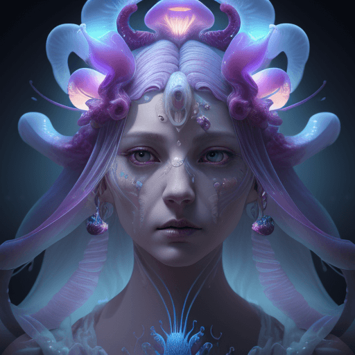 AI generated: Goddess close-up portrait ribcagel. jellyfish phoenix head, nautilus, orchid, skull, betta fish, bio...