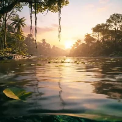 AI generated video: Scene opens with a cinematic aerial shot slowly descending toward a calm, tropical river at golden h...