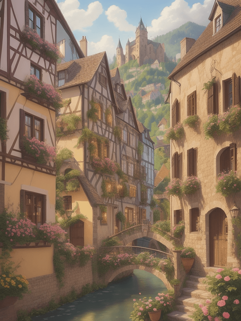 AI generated: Create a picturesque European town landscape where the arrangement of buildings, streets, and natura...