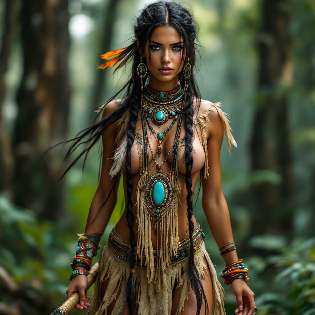 AI generated: Full body view a sexy young woman with long, dark hair styled in braids. She has a determined and fo...