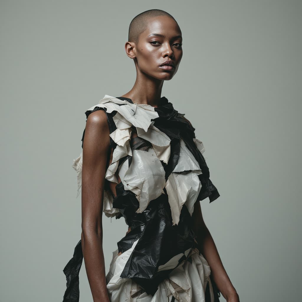 AI generated: high fashion portrait of a woman with rough skin, wearing a dress made from tattered plastic bags an...